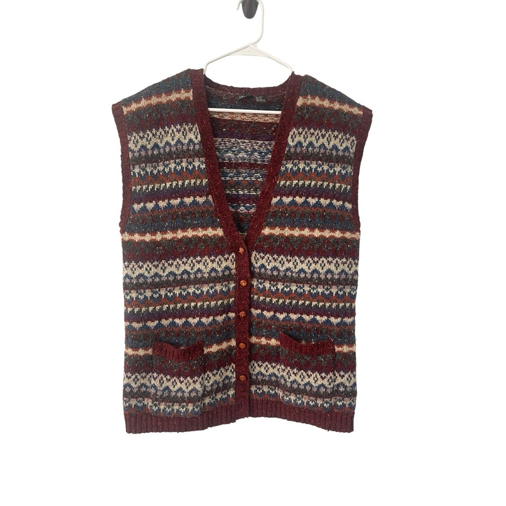 Vintage Wool Blend Fair Isle Sweater Vest L Pockets Academia Preppy Missing Btn